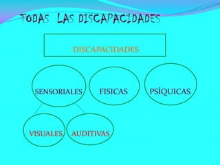 TODAS LAS DISCAPACIDADES
DISCAPACIDADES

SENSORIALES

VISUALES

FISICAS

AUDITIVAS

PSÍQUICAS

 