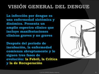 VISIÓN GENERAL DEL DENGUE
La infección por dengue es
una enfermedad sistémica y
dinámica. Presenta un
amplio espectro clínico que
incluye manifestaciones
clínicas graves y no graves
Después del período de
incubación, la enfermedad
comienza abruptamente y le
siguen tres fases de
evolución: la Febril, la Crítica
y la de Recuperación
30LUZ M.JORGE (Medico Interno)
 