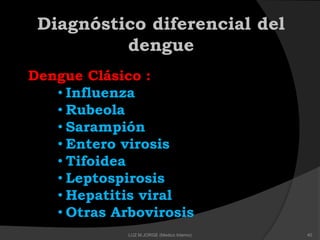 Diagnóstico diferencial del
dengue
Dengue Clásico :
• Influenza
• Rubeola
• Sarampión
• Entero virosis
• Tifoidea
• Leptospirosis
• Hepatitis viral
• Otras Arbovirosis
40LUZ M.JORGE (Medico Interno)
 