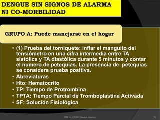 • (1) Prueba del torniquete: inflar el manguito del
tensiómetro en una cifra intermedia entre TA
sistólica y TA diastólica durante 5 minutos y contar
el numero de petequias. La presencia de petequias
se considera prueba positiva.
• Abreviaturas
• Hto: Hematocrito
• TP: Tiempo de Protrombina
• TPTA: Tiempo Parcial de Tromboplastina Activada
• SF: Solución Fisiológica
GRUPO A: Puede manejarse en el hogar
DENGUE SIN SIGNOS DE ALARMA
NI CO-MORBILIDAD
75LUZ M.JORGE (Medico Interno)
 