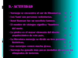 9.- Actividad
- Noruega se encuentra al sur de Dinamarca.       V  F
- Los Sami son personas sedentarias.              V  F
- Knut Hamsun fue un novelista famoso.           V   F
- El nombre de vikingos significa “hombres
- del norte.                                     V  F
- La piedra es el mayor elemento del diseño
   arquitectónico de este país.                  V  F
- La literatura noruega se divide en tres periodos
   históricos.                                   V  F
- Los noruegos comen mucha grasa.                V  F
- Noruega ha ganado muy pocas medallas de oro en las
   olimpiadas de invierno.                       V  F
 