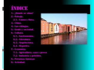Índice
1.- ¿Dónde se sitúa?
2.- Paisaje.
  2.1.- Fauna y flora.
3.- Clima.
4.- Los vikingos.
5.- Gente y sociedad.
6.- Cultura.
  6.1.- Gastronomía.
  6.2.- Literatura.
  6.3.- Arquitectura.
  6.4.- Deportes.
7.- Economía.
  7.1.- Agricultura, caza y pesca.
  7.2.- Industria y petróleo.
8.- Personas famosas
9.- Actividad.
 