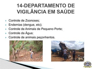  Controle de Zoonoses;
 Endemias (dengue, etc);
 Controle de Animais de Pequeno Porte;
 Controle da Água;
 Controle de animais peçonhentos.
14-DEPARTAMENTO DE
VIGILÂNCIA EM SAÚDE
 