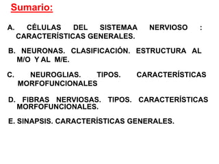 Sumario: C. NEUROGLIAS. TIPOS. CARACTERÍSTICAS MORFOFUNCIONALESA. CÉLULAS DEL SISTEMAA NERVIOSO : CARACTERÍSTICAS GENERALES.B. NEURONAS. CLASIFICACIÓN. ESTRUCTURA AL M/O  Y AL  M/E. D. FIBRAS NERVIOSAS. TIPOS. CARACTERÍSTICAS MORFOFUNCIONALES.E. SINAPSIS. CARACTERÍSTICAS GENERALES.