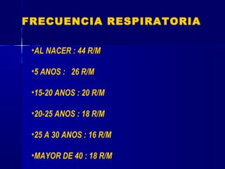 FRECUENCIA RESPIRATORIA
•AL NACER : 44 R/M
•5 ANOS : 26 R/M
•15-20 ANOS : 20 R/M
•20-25 ANOS : 18 R/M
•25 A 30 ANOS : 16 R/M
•MAYOR DE 40 : 18 R/M
 