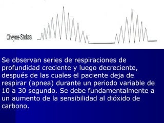Se observan series de respiraciones de
profundidad creciente y luego decreciente,
después de las cuales el paciente deja de
respirar (apnea) durante un periodo variable de
10 a 30 segundo. Se debe fundamentalmente a
un aumento de la sensibilidad al dióxido de
carbono.
 