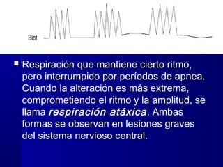  Respiración que mantiene cierto ritmo,
pero interrumpido por períodos de apnea.
Cuando la alteración es más extrema,
comprometiendo el ritmo y la amplitud, se
llama respiración atáxica. Ambas
formas se observan en lesiones graves
del sistema nervioso central.
 