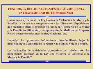 FUNCIONES DEL DEPARTAMENTO DE VIOLENCIA
INTRAFAMILIAR DE CHIMBORAZO
Como brazo ejecutor de la Ley Contra la Violencia a la Mujer y la
Familia, se da estricto cumplimiento a las diferentes disposiciones
que mediante oficio o providencia emite la Comisaria de la Mujer
y la Familia (notificación y cumplimiento de Medidas de Amparo,
Retiro de pertenencias personales, citaciones, etc)
Investiga las presuntas infracciones intrafamiliares bajo la
dirección de la Comisaria de la Mujer y la Familia y de la Fiscalía.
La realización de actividades preventivas en relación con las
infracciones descritas en la Ley 103 “Contra la Violencia a la
Mujer y la Familia”
 