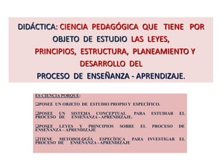 DIDÁCTICA: CIENCIA PEDAGÓGICA QUE TIENE POR
        OBJETO DE ESTUDIO LAS LEYES,
    PRINCIPIOS, ESTRUCTURA, PLANEAMIENTO Y
                DESARROLLO DEL
    PROCESO DE ENSEÑANZA - APRENDIZAJE.

    ES CIENCIA PORQUE:

    POSEE UN OBJETO DE ESTUDIO PROPIO Y ESPECÍFICO.

    POSEE UN     SISTEMA CONCEPTUAL       PARA   ESTUDIAR   EL
    PROCESO DE    ENSEÑANZA - APRENDIZAJE.

    POSEE LEYES Y PRINCIPIOS       SOBRE    EL   PROCESO    DE
    ENSEÑANZA – APRENDIZAJE

    TIENE  METODOLOGÍA   ESPECÍFICA   PARA INVESTIGAR       EL
    PROCESO DE ENSEÑANZA - APRENDIZAJE
 