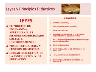 Leyes y Principios Didácticos

                                            PRINCIPIOS
        LEYES                CARÁCTER CIENTÍFICO;

 EL PROCESO DE              VINCULACIÓN TEORÍA Y PRÁCTICA;
  ENSEÑANZA -                DE LA ASEQUIBILIDAD
  APRENDIZAJE ES
                             DEL CARÁCTER CONSCIENTE Y LA ACTIVIDAD
  SIEMPRE CONDICIONADO        INDEPENDIENTE DE LOS NIÑOS Y NIÑAS

  SOCIAL E                   DE LA ATENCIÓN DE LAS DIFERENCIAS INDIVIDUALES
                              DE LOS NIÑOS Y NIÑAS
  HISTÓRICAMENTE;
                          
 POSEE ESTRUCTURA Y          DE LA SISTEMATICIDAD

  FUNCIÓN DE SISTEMA;        DE LA VINCULACIÓN DE LO INDIVIDUAL Y LO
                              COLECTIVO
 UNIDAD DIALÉCTICA DE
                             DE LA SOLIDEZ DE LOS CONOCIMIENTOS
  LA INSTRUCCIÓN Y LA
  EDUCACIÓN.                 DE LA VINCULACIÓN DE LO CONCRETO Y LO
                              ABSTRACTO



                          
                          
 