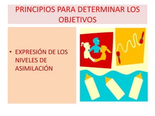 PRINCIPIOS PARA DETERMINAR LOS
            OBJETIVOS


• EXPRESIÓN DE LOS
  NIVELES DE
  ASIMILACIÓN
 