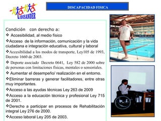 DISCAPACIDAD FISICA




Condición con derecho a:
 Accesibilidad, al medio físico
Acceso de la información, comunicación y la vida
ciudadana e integración educativa, cultural y laboral
Accesibilidad a los modos de transporte, Ley105 de 1993, 
Decreto 1660 de 2003.
 Deporte asociado  Decreto 0641,  Ley 582 de 2000 sobre 
de personas con limitaciones físicas, mentales o sensoriales.
 Aumentar el desempeño/ realización en el entorno.
Eliminar barreras y generar facilitadores, entre otras
muy importantes.
Acceso a las ayudas técnicas Ley 263 de 2009
Acceso a la educación técnica y profesional Ley 715
de 2001.
Derecho a participar en procesos de Rehabilitación
integral Ley 276 de 2000.
Acceso laboral Ley 205 de 2003.
 