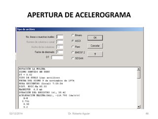 APERTURA DE ACELEROGRAMA 
02/12/2014 Dr. Roberto Aguiar 46 
 