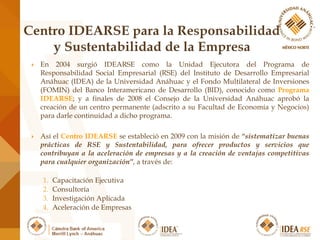  En 2004 surgió IDEARSE como la Unidad Ejecutora del Programa de
Responsabilidad Social Empresarial (RSE) del Instituto de Desarrollo Empresarial
Anáhuac (IDEA) de la Universidad Anáhuac y el Fondo Multilateral de Inversiones
(FOMIN) del Banco Interamericano de Desarrollo (BID), conocido como Programa
IDEARSE; y a finales de 2008 el Consejo de la Universidad Anáhuac aprobó la
creación de un centro permanente (adscrito a su Facultad de Economía y Negocios)
para darle continuidad a dicho programa.
 Así el Centro IDEARSE se estableció en 2009 con la misión de “sistematizar buenas
prácticas de RSE y Sustentabilidad, para ofrecer productos y servicios que
contribuyan a la aceleración de empresas y a la creación de ventajas competitivas
para cualquier organización”, a través de:
1. Capacitación Ejecutiva
2. Consultoría
3. Investigación Aplicada
4. Aceleración de Empresas
 