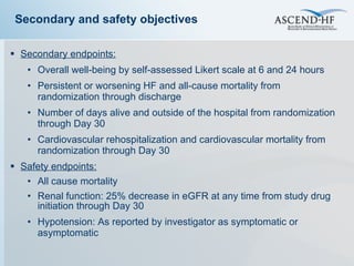 Secondary endpoints: Overall well-being by self‑assessed Likert scale at 6 and 24 hours  Persistent or worsening HF and all-cause mortality from randomization through discharge Number of days alive and outside of the hospital from randomization through Day 30 Cardiovascular rehospitalization and cardiovascular mortality from randomization through Day 30 Safety endpoints: All cause mortality Renal function: 25% decrease in eGFR at any time from study drug initiation through Day 30 Hypotension: As reported by investigator as symptomatic or asymptomatic Secondary and safety objectives 