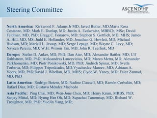 Steering Committee North America:  Kirkwood F. Adams Jr MD; Javed Butler, MD;Maria Rosa Costanzo, MD; Mark E. Dunlap, MD; Justin A. Ezekowitz, MBBCh, MSc; David Feldman, MD, PhD; Gregg C. Fonarow, MD; Stephen S. Gottlieb, MD, MHS; James A. Hill, MD, MS; Judd E. Hollander, MD; Jonathan G. Howlett, MD; Michael Hudson, MD; Mariell L. Jessup, MD; Serge Lepage, MD; Wayne C. Levy, MD; Naveen Pereira, MD; W.H. Wilson Tan, MD; John R. Teerlink, MD Europe:  Stefan D. Anker, MD, PhD; Dan Atar, MD; Alexander Battler, MD; Ulf Dahlstrom, MD, PhD; Aleksandras Laucevicius, MD; Marco Metra, MD; Alexander Parkhomenko, MD; Piotr Ponikowski, MD, PhD; Jindrich Spinar, MD; Svetla Torbova, MD; Filippos Triposkiadis, MD;Vyacheslav Mareev, MD; Adriaan A. Voors, MD, PhD;David J. Whellan, MD, MHS; Clyde W. Yancy, MD; Faiez Zannad, MD, PhD Latin America:  Rodrigo Botero, MD; Nadine Clausell, MD; Ramón Corbalán, MD; Rafael Diaz, MD; Gustavo Méndez Machedo  Asia Pacific:  Ping Chai, MD; Wen-Jone Chen, MD; Henry Krum, MBBS, PhD; Sanjay Mittal, MD; Byung Hee Oh, MD; Supachai Tanomsup, MD; Richard W. Troughton, MD, PhD; YueJin Yang, MD;  