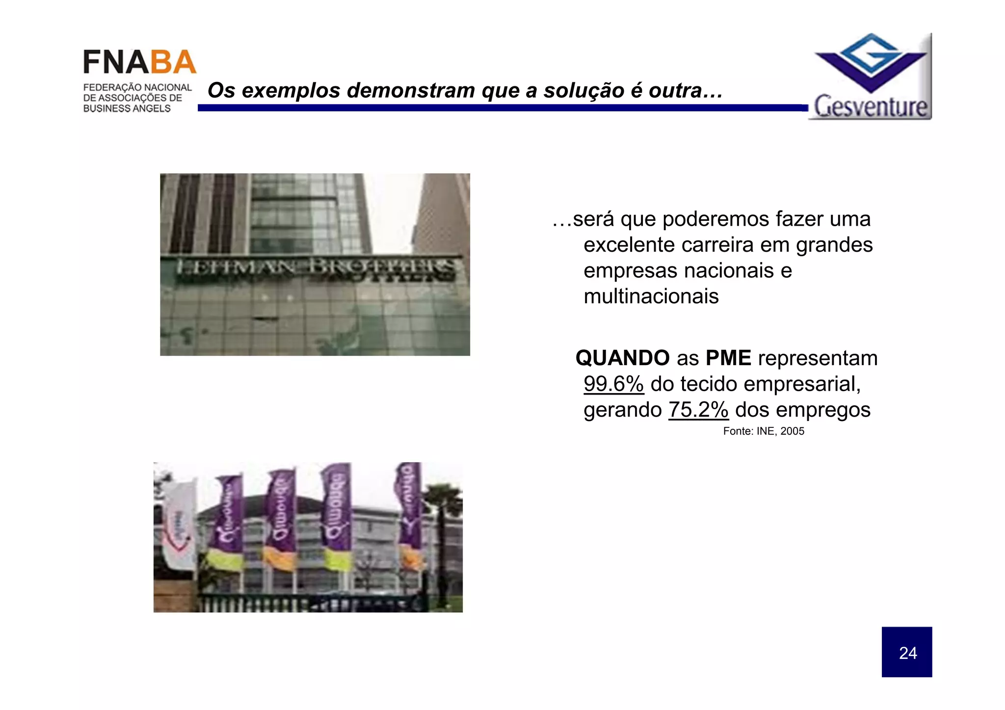 Os exemplos demonstram que a solução é outra…




                              …será que poderemos fazer uma
                                excelente carreira em grandes
                                empresas nacionais e
                                multinacionais

                                QUANDO as PME representam
                                99.6% do tecido empresarial,
                                gerando 75.2% dos empregos
                                              Fonte: INE, 2005




                                                                 24
 