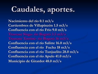 Nacimiento del río 0.1 m3/s  Curtiembres de Villapinzón 1.5 m3/s  Confluencia con el río Frío 9.0 m3/s Trasvase Sisga- río Bogotá 3.5 m3/s Trasvase Tominé- río Bogotá 16 m3/s Confluencia con el río Salitre 16.0 m3/s  Confluencia con el río  Fucha 18 m3/s Confluencia con el río Tunjuelito 28.0 m3/s  Confluencia con el río Apulo 41.0 m3/s  Municipio de Girardot 48.0 m3/s   Caudales, aportes.  