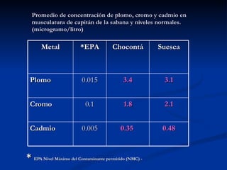 *  EPA Nivel Máximo del Contaminante permitido (NMC) -   Promedio de concentración de plomo, cromo y cadmio en musculatura de capitán de la sabana y niveles normales. (microgramo/litro) Metal *EPA Chocontá Suesca Plomo 0.015 3.4 3.1 Cromo 0.1 1.8 2.1 Cadmio 0.005 0.35  0.48 