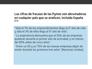 Las cifras de fracaso de las Pymes son abrumadoras
en cualquier país que se analicen, incluida España
(2/2)



“Sólo el 7% de los emprendimientos llega al 2º año de vida
y sólo el 3% de ellos llega al 5º año de vida”.
 “La experiencia demuestra que el 50% de las empresas
quiebran durante el primer año de actividad, y no menos
del 90% antes de cinco años”.
 “Entre un 50 y un 75% de las nuevas empresas dejan de
existir durante los primeros tres años” (Naciones Unidas).
 