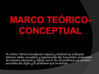 MARCO TEÓRICO-
CONCEPTUAL
El Marco Teórico Conceptual: expone y analiza los enfoques
teóricos, ideas, conceptos y experiencias del Arquitecto, presentado
de manera coherente y lógica, con el fin de establecer un correcto
encuadre del objeto y el problema que investiga.
 