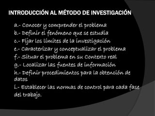 INTRODUCCIÓN AL MÉTODO DE INVESTIGACIÓN
a.- Conocer y comprender el problema
b.- Definir el fenómeno que se estudia
c.- Fijar los límites de la investigación
e.- Caracterizar y conceptualizar el problema
f.- Situar el problema en su Contexto real
g.- Localizar las fuentes de información
h.- Definir procedimientos para la obtención de
datos
i.- Establecer las normas de control para cada fase
del trabajo.
 