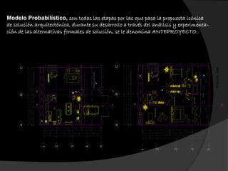 Recámara
Recámara
Baño
Baño
Patiodeservicio
Terraza
ABC
1
2
3
4
5
10,8
5,175,63
1,781,722,121,723,2
10,30,30,30,30,30,30,30,20,862,120,860,861,780,25
0,25
0,86
2,25
3,23
4,11
3,69
3,65
14,67
1,2
0,15
4,86
0,15
5,92
1,57
3,32
0,15
0,25
2,25
1,2
0,15
2,48
1
1,38
0,15
1
17
18
19
20
21
22
23
24
25
26
27
28
29
30
31
32
1,03
0,3
0,3
0,3
0,3
0,3
0,3
0,3
0,3
s
2,49
0,15
4,81
0,25
1,1
2,35
0,15
2,10,93,031,550,151,760,151,12
Plantaalta
N.P.T.+2.86
N.P.T.+0.00
N.P.T.+0.00
A´A
Recámara
ABC
1
2
3
4
5
10,8
5,175,63
2,281,8210,930,9421,030,8
acceso
1
s
2,341,841,451,653,27
10,30,30,30,30,30,30,31,950,25
2
1,050,151,840,620,860,86
0,25
0,25
3,91
0,15
1,2
0,15
4,88
0,25
6,44
5,01
3,23
4,11
3,68
3,65
1,03
0,3
0,3
0,3
0,3
0,3
0,3
0,3
0,3
Terraza
Sala
3,8810,54221,63
14,66
0,15
6,08
0,15
4,98
Plantabaja
N.P.T.+0.00
N.P.T.+0.30
2,15
1,08
1,02
2,15
1,08
b
1
2
N.P.T.+0.00
A´A
B´B
1
2
3
4
5
6
7
8
9
10
11
12
13
14
15
16
s
cocina
baño
Patiodeservicio
Estacionamiento
Comedor
Modelo Probabilístico, son todas las etapas por las que pasa la propuesta icónica
de solución arquitectónica, durante su desarrollo a través del análisis y experimenta-
ción de las alternativas formales de solución, se le denomina ANTEPROYECTO.
 