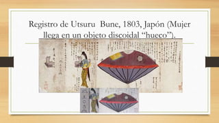 Registro de Utsuru Bune, 1803, Japón (Mujer
llega en un objeto discoidal “hueco”).
 