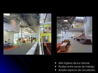 Alto ingreso de luz natural. Fluidez entre zonas de trabajo. Amplio espacio de circulación. 