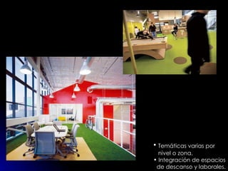 Temáticas varias por nivel o zona. Integración de espacios de descanso y laborales. 