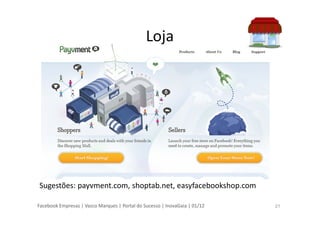 Facebook Empresas | Vasco Marques | Portal do Sucesso | InovaGaia | 01/12
Loja
Sugestões: payvment.com, shoptab.net, easyfacebookshop.com
21
 