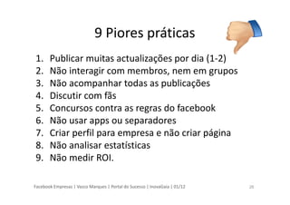 Facebook Empresas | Vasco Marques | Portal do Sucesso | InovaGaia | 01/12
9 Piores práticas
1. Publicar muitas actualizaçõ...