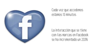Cada vez que accedemos
estamos 13 minutos
La interacción que se tiene
con las marcas en Facebook
se ha incrementado un 233%
 