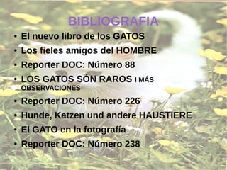 BIBLIOGRAFIA
● El nuevo libro de los GATOS
● Los fieles amigos del HOMBRE
● Reporter DOC: Número 88
● LOS GATOS SÓN RAROS I MÁS
OBSERVACIONES
● Reporter DOC: Número 226
● Hunde, Katzen und andere HAUSTIERE
● El GATO en la fotografía
● Reporter DOC: Número 238
 