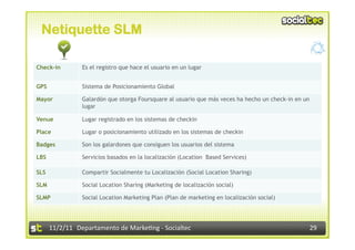 Netiquette SLM

Check-in             Es el registro que hace el usuario en un lugar


GPS                  Sistema de Posicionamiento Global

Mayor                Galardón que otorga Foursquare al usuario que más veces ha hecho un check-in en un
                     lugar

Venue                Lugar registrado en los sistemas de checkin

Place                Lugar o posicionamiento utilizado en los sistemas de checkin

Badges               Son los galardones que consiguen los usuarios del sistema

LBS                  Servicios basados en la localización (Location Based Services)

SLS                  Compartir Socialmente tu Localización (Social Location Sharing)

SLM                  Social Location Sharing (Marketing de localización social)

SLMP                 Social Location Marketing Plan (Plan de marketing en localización social)




      11/2/11	
   Departamento	
  de	
  Marke1ng	
  -­‐	
  Socialtec	
                                    29	
  
 