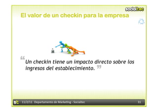 El valor de un checkin para la empresa




“ Un checkin tiene un impacto directo sobre los                      “
   ingresos del establecimiento.




11/2/11	
   Departamento	
  de	
  Marke1ng	
  -­‐	
  Socialtec	
         31	
  
 