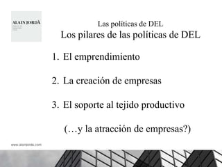Las políticas de DEL
  Los pilares de las políticas de DEL

1. El emprendimiento

2. La creación de empresas

3. El soporte al tejido productivo

   (…y la atracción de empresas?)
 