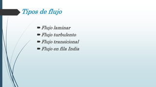 Tipos de flujo
Flujo laminar
Flujo turbulento
Flujo transicional
Flujo en fila India
 