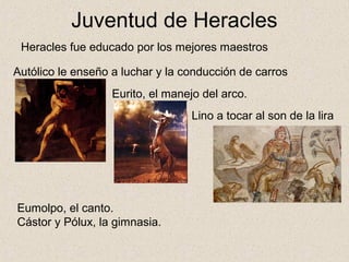Juventud de Heracles
 Heracles fue educado por los mejores maestros

Autólico le enseño a luchar y la conducción de carros
                   Eurito, el manejo del arco.
                                  Lino a tocar al son de la lira




Eumolpo, el canto.
Cástor y Pólux, la gimnasia.
 