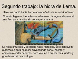 Segundo trabajo: la hidra de Lerna.
Heracles partió hacia Lerna acompañado de su sobrino Yolao.
Cuando llegaron, Heracles se adentró en la laguna disparando
sus flechas a la hidra sin conseguir matarla.




La hidra enfureció y se dirigió hacia Heracles. Éste contuvo la
respiración para no morir envenenado por su aliento y
empezó a cortar cabezas, pero volvían a crecer más fuertes y
grandes en el mismo lugar.
 