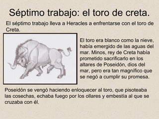 Séptimo trabajo: el toro de creta.
El séptimo trabajo lleva a Heracles a enfrentarse con el toro de
Creta.
                                El toro era blanco como la nieve,
                                había emergido de las aguas del
                                mar. Minos, rey de Creta había
                                prometido sacrificarlo en los
                                altares de Poseidón, dios del
                                mar, pero era tan magnífico que
                                se negó a cumplir su promesa.

Poseidón se vengó haciendo enloquecer al toro, que pisoteaba
las cosechas, echaba fuego por los ollares y embestía al que se
cruzaba con él.
 