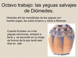 Octavo trabajo: las yeguas salvajes
          de Diómedes.
  Heracles ató las mandíbulas de las yeguas con
  fuertes sogas, las subió al barco y volvió a Micenas.



  Cuando Euristeo vio a las
  yeguas carnívoras, empezó a
  llorar y se escondió en su tinaja
  de bronce de la que tardó seis
  días en salir.
 