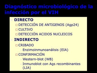 Diagnóstico microbiológico de la
infección por el VIH
     DIRECTO
       DETECCIÓN   DE ANTIGENOS (Agp24)
       CULTIVO
       DETECCIÓN   ACIDOS NUCLEICOS
     INDIRECTO
       CRIBADO
          Enzimoinmunoanálisis (EIA)
       CONFIRMACIÓN
          Western-blot (WB)

          Inmunoblot con Ags recombinantes
           (LIA)
 