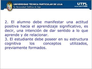 2. El alumno debe manifestar una actitud positiva hacia el aprendizaje significativo, es decir, una intención de dar sentido a lo que aprende y de relacionar. 3. El estudiante debe poseer en su estructura cognitiva los conceptos utilizados, previamente formados. 