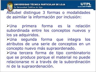 Ausubel distingue 3 formas o modalidades de asimilar la información por inclusión: Una primera forma es la relación subordinada entre los conceptos nuevos y los ya adquiridos. Una segunda forma que integra los atributos de una serie de conceptos en un concepto nuevo más supraordenado. Una tercera forma de tipo combinatorio que se produce porque el material no puede relacionarse ni a través de la subordinación ni de la supraordenación. 
