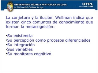La conjetura y la ilusión. Wellman indica que existen cinco conjuntos de conocimiento que forman la metacognición: Su existencia Su percepción como procesos diferenciados Su integración Sus variables Su monitores cognitivo 