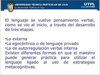 El lenguaje se vuelve pensamiento verbal, como se vio al inicio, a través del desarrollo de tres etapas. La externa La egocéntrica o de lenguaje privado La de autorregulación verbal interna Existen diferentes formas en que el maestro puede generar práctica para utilizar el lenguaje ligado al uso de estrategias metacognitivas. 