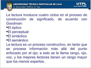 La lectura involucra cuatro ciclos en el proceso de construcción de significado, de acuerdo con Goodman: El óptico El perceptual El sintáctico El semántico La lectura es un proceso constructivo, en tanto que se procesa información más allá del punto enfocado por el ojo; a esto se le llama rango, ojo, voz, y los mejores lectores tienen un rango mayor que los menos expertos. 
