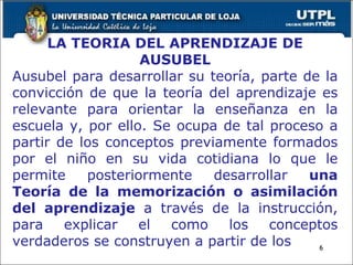 LA TEORIA DEL APRENDIZAJE DE AUSUBEL Ausubel para desarrollar su teoría, parte de la convicción de que la teoría del aprendizaje es relevante para orientar la enseñanza en la escuela y, por ello. Se ocupa de tal proceso a partir de los conceptos previamente formados por el niño en su vida cotidiana lo que le permite posteriormente desarrollar  una Teoría de la memorización o asimilación del aprendizaje  a través de la instrucción, para explicar el como los conceptos verdaderos se construyen a partir de los  