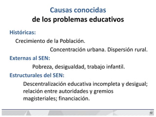 10
Causas conocidas
de los problemas educativos
Históricas:
Crecimiento de la Población.
Concentración urbana. Dispersión rural.
Externas al SEN:
Pobreza, desigualdad, trabajo infantil.
Estructurales del SEN:
Descentralización educativa incompleta y desigual;
relación entre autoridades y gremios
magisteriales; financiación.
 